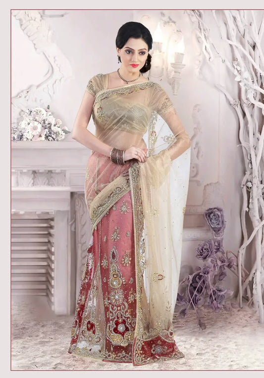 Pazaar Cream Yellow and Chestnut Red Embroidered Party Lehenga Saree