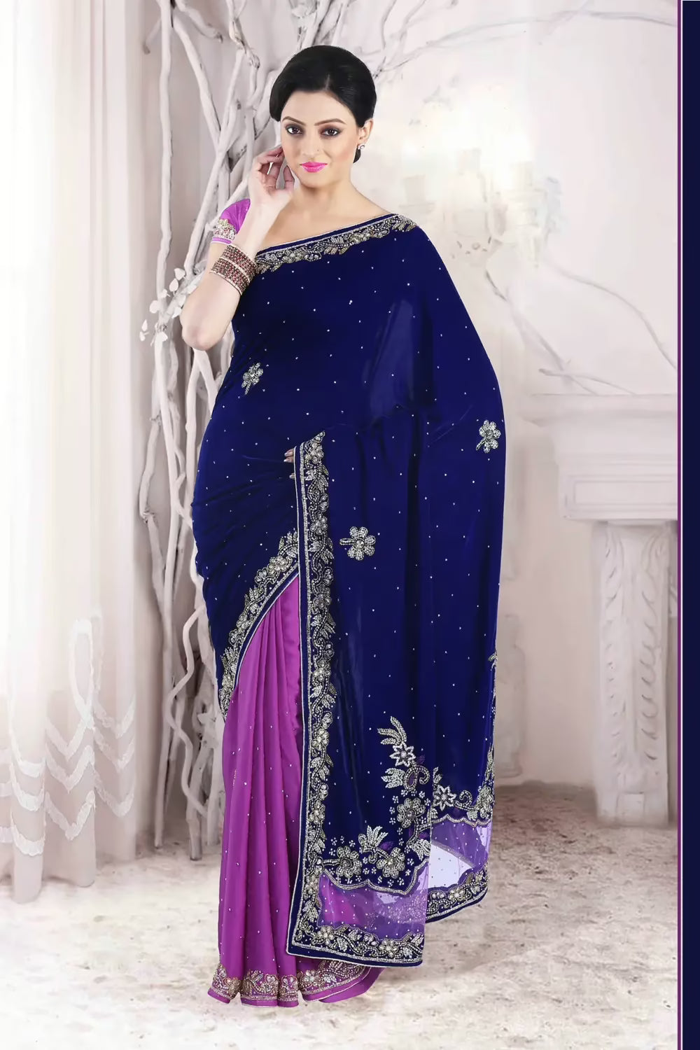Pazaar Magenta and Navy Blue Embroidered Party Saree With Zari Thread