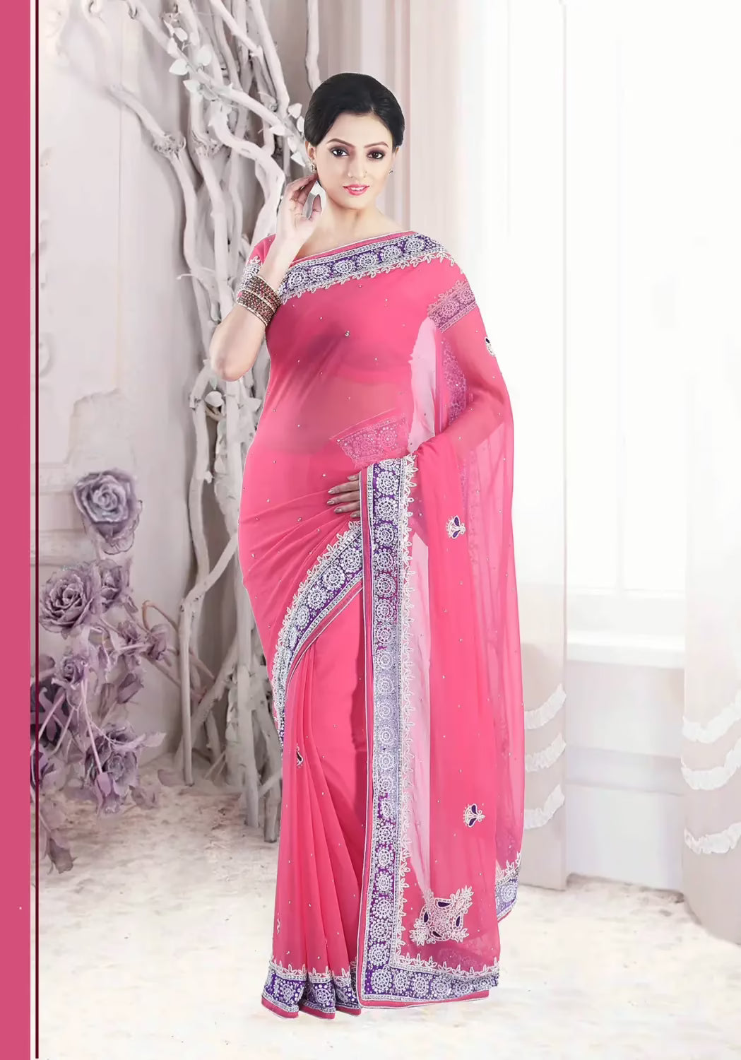 Pazaar Salmon Pink embroidered party saree  with zari thread