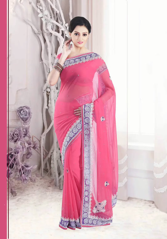Pazaar Salmon Pink embroidered party saree  with zari thread