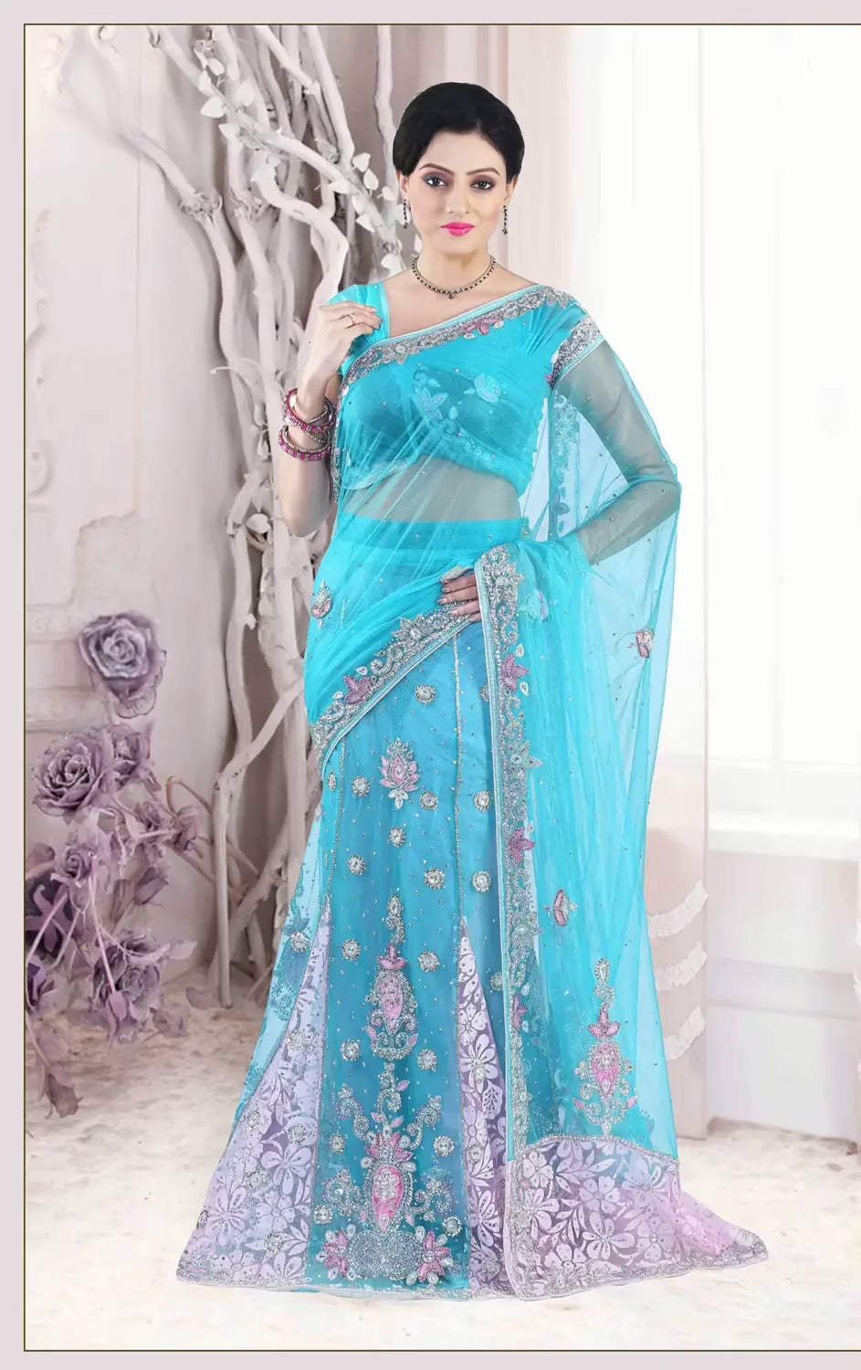 Pazaar Light Electric Blue Embroidered Party Lehenga Style Saree