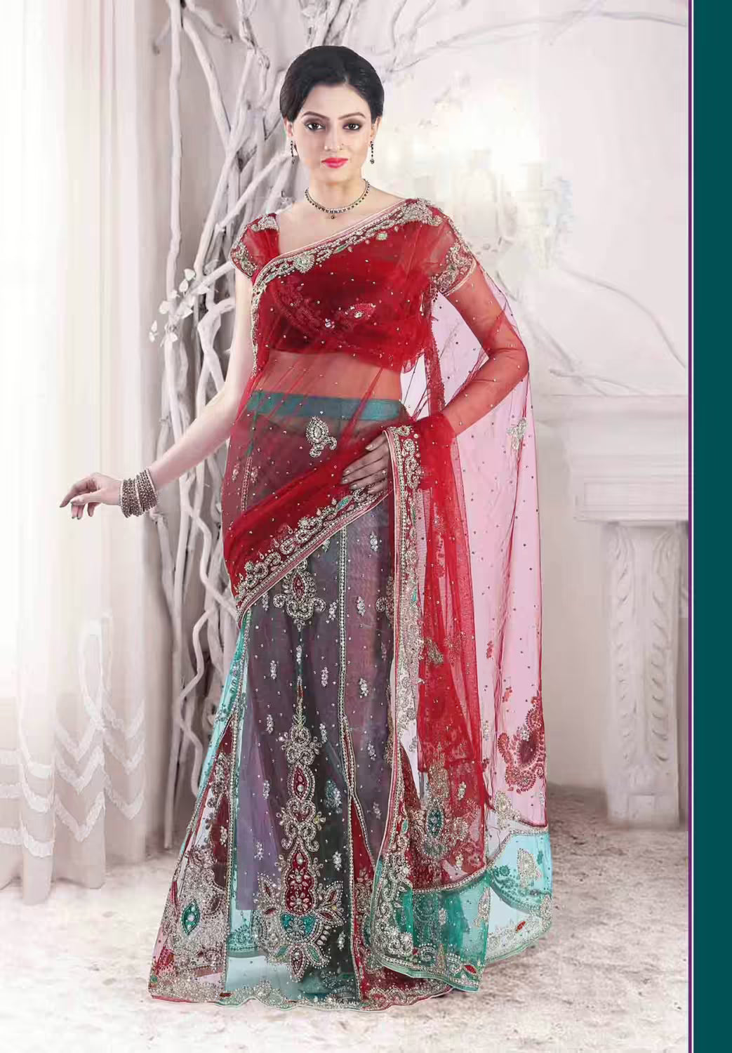 Pazaar Carnelian Red and Persian Green Embroidered Party Lehenga Style Saree