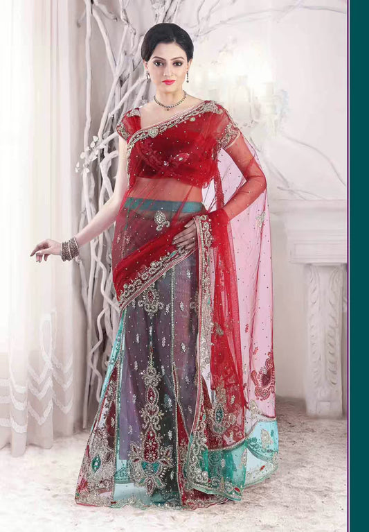 Pazaar Carnelian Red and Persian Green Embroidered Party Lehenga Style Saree