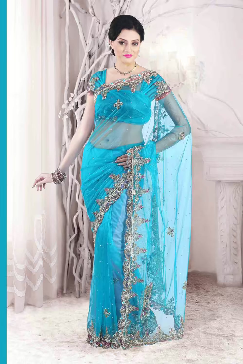 Pazaar Robin-egg Blue Embroidered Party Saree with zari thread,