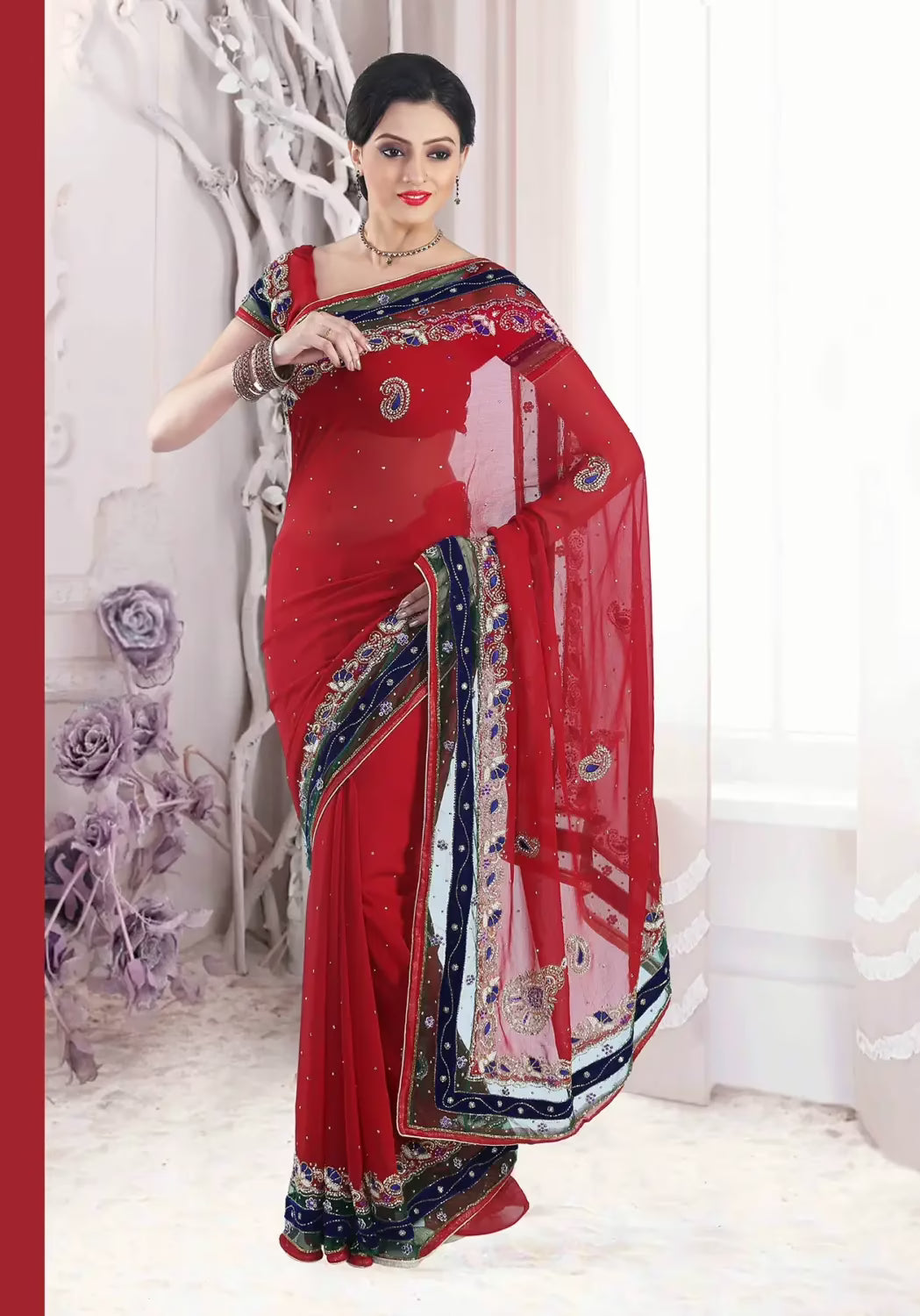 Pazaar Cardinal Red Embroidered Party Saree With Zari Thread