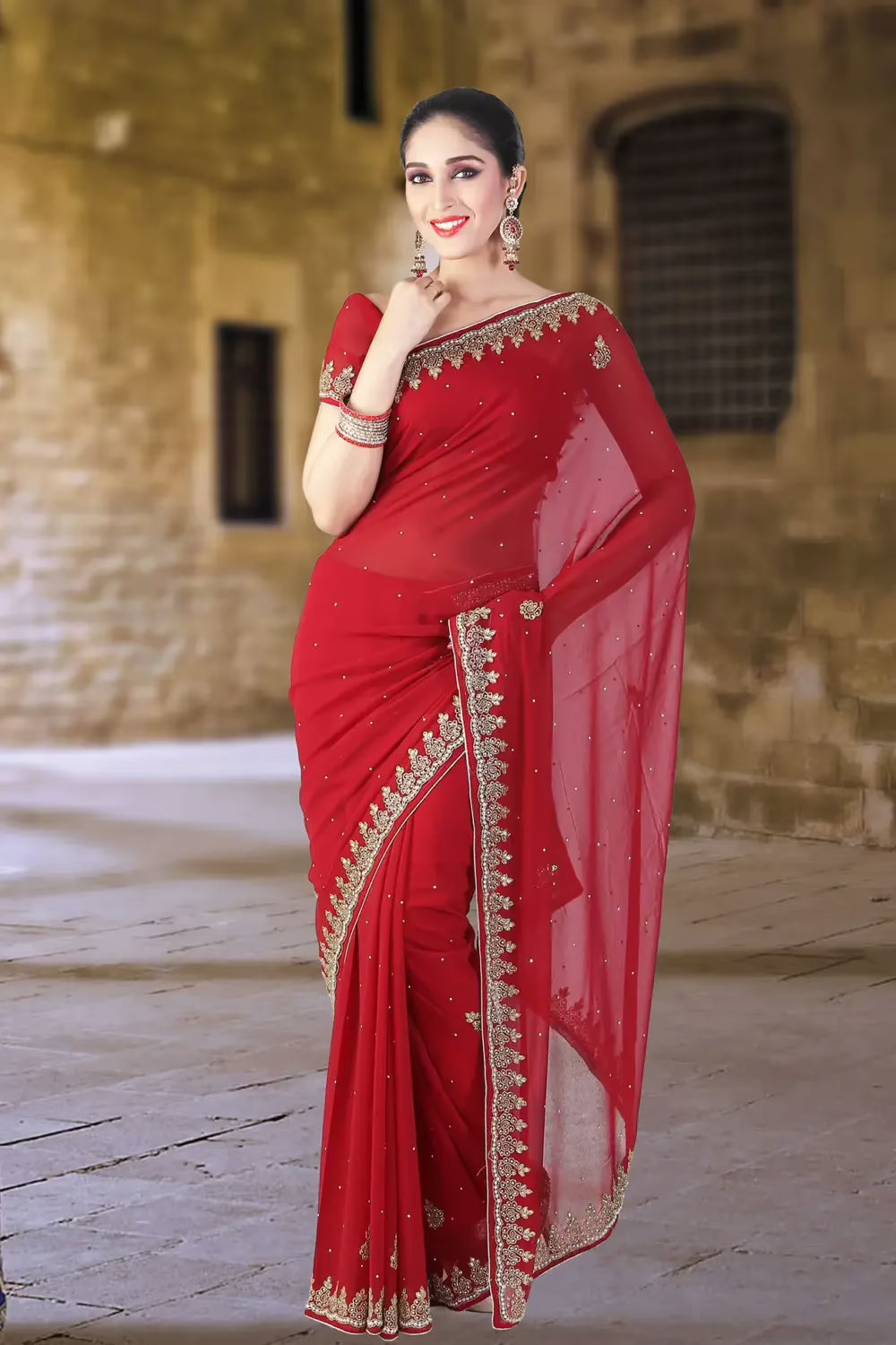 Pazaar Carmine Red  Embroidered Party Saree With Zari Thread