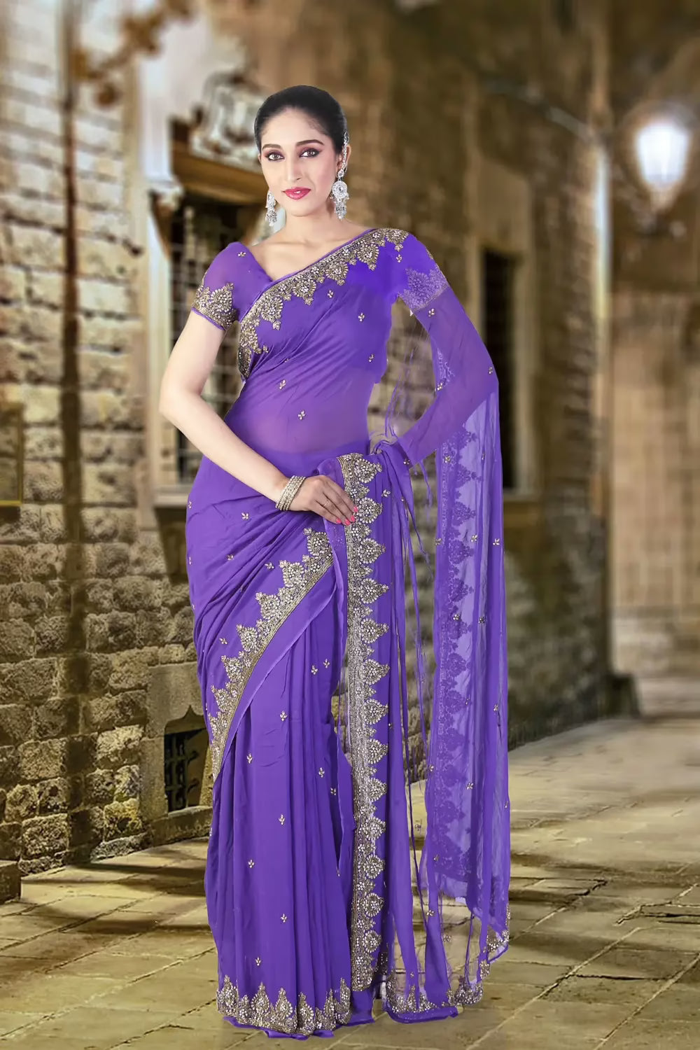 Pazaar Majorelle Blue Embroidered Party Saree With Zari Thread
