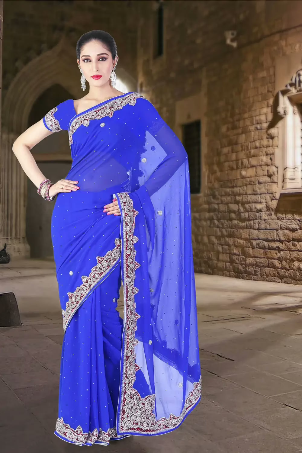 Pazaar Persian Blue Embroidered Party Saree With Zari Thread