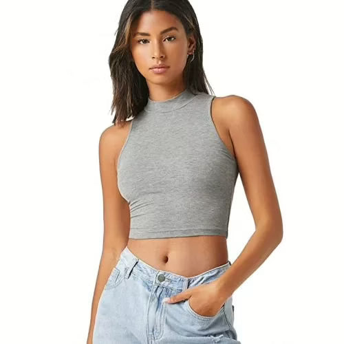 Seasons Grey Solid Ribbed Crop Tank Top