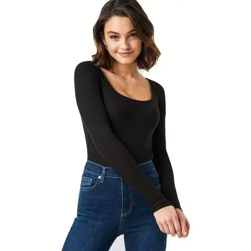Seasons Square Neck Black Round Edges Full Sleeve Top