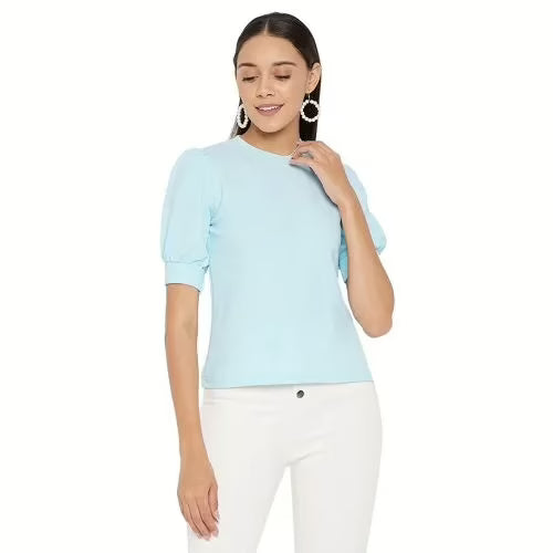 Seasons Women Solid Blue High Neck Top