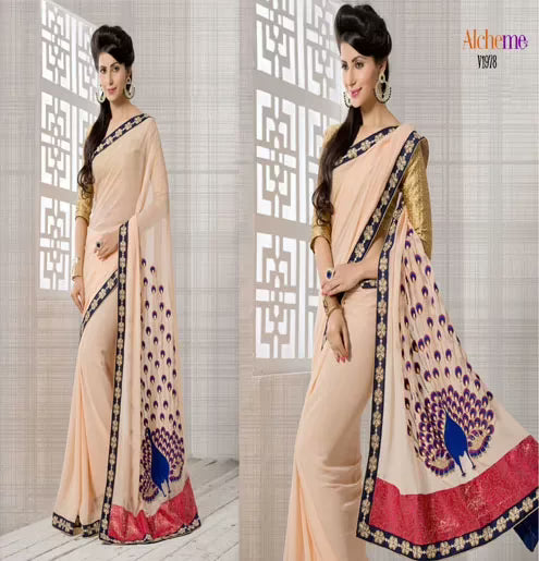 Mizzoli Skin Designer Georgette With Heavy Embroidery Moti Work Sarees