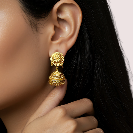 Classic Gold Jhumka Earrings with Floral Motif
